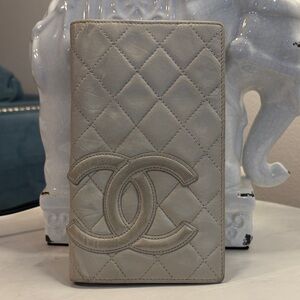 CHANEL Cambon Line Long Wallet Leather Beige Silver CC bs18722 Silvery